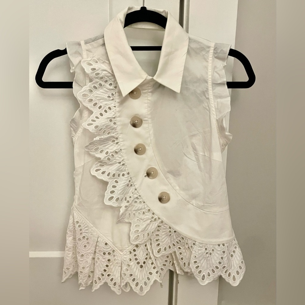Self Portrait sleeveless shirt with embroidered detail, buttons & open back